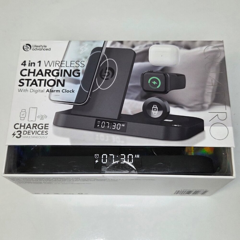 4-in-1 Wireless Charging Station Digital Clock Phone Smartwatch Earbuds Charger